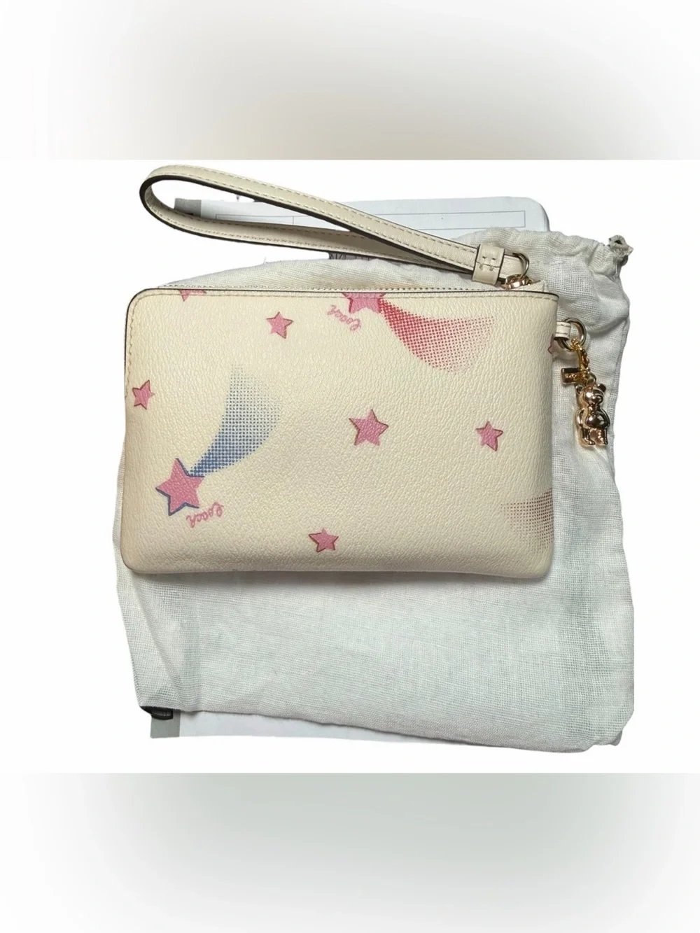 Coach Disco Star Print Cream Wristlet with Gold Coach Bear Charm & Dusty EUC